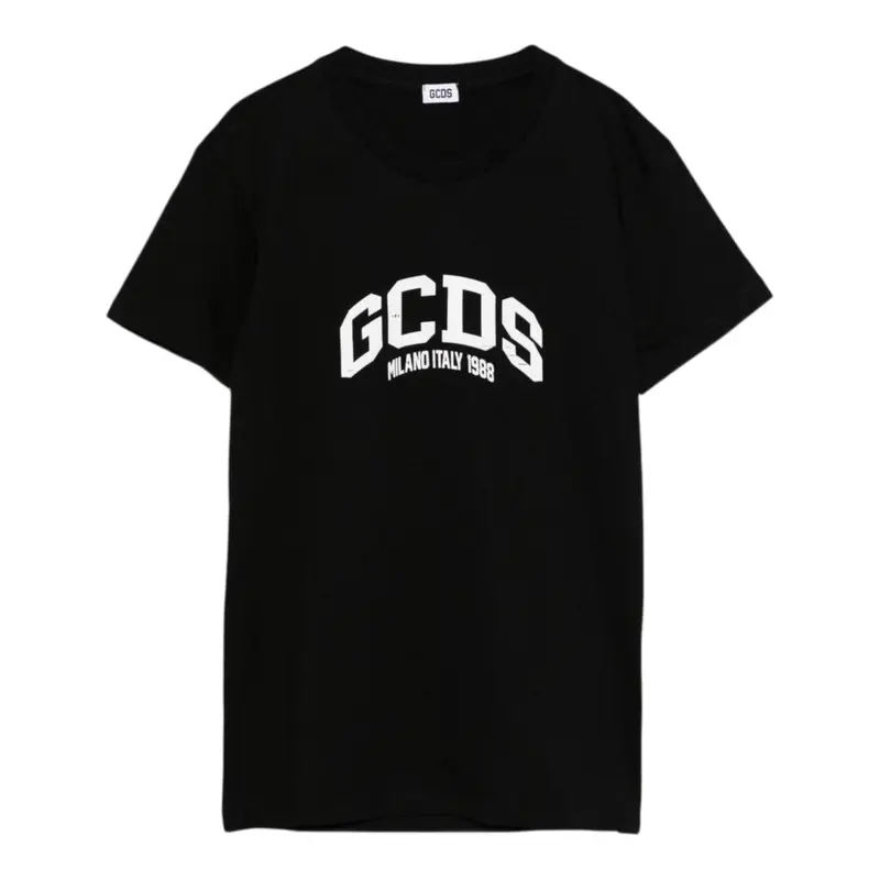 Gcds T-Shirt Girocollo tinta unita con Logo Nero per Bambino