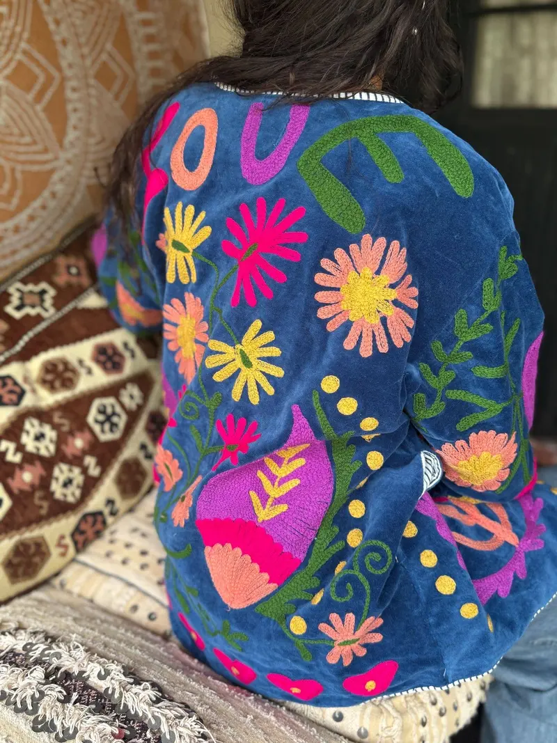 Giacca in cotone ricamata Suzani LOVE blu scuro
