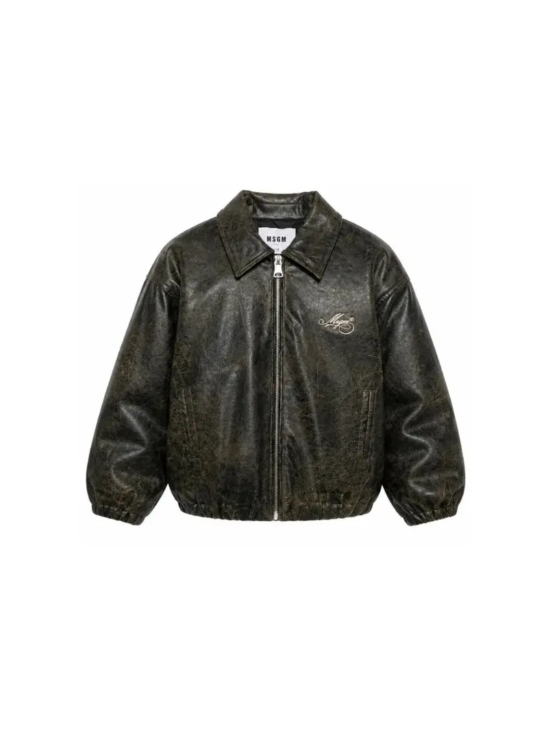 GIACCA IN ECOPELLE EFFETTO SCREPOLATO CON LOGO IN RICAMO BEIGE MSGM