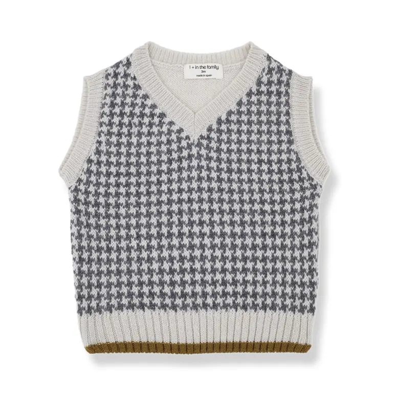 Gilet in lana merino per bambini pied de poule grigio | 1+ in the family