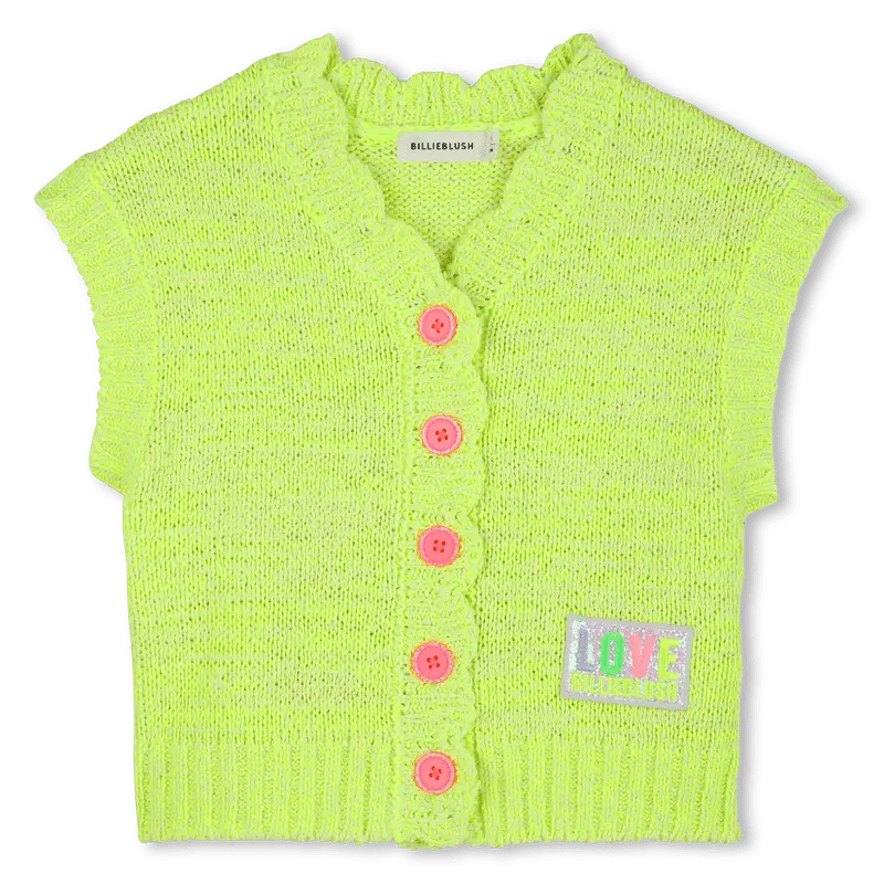 GILET IN MAGLIA VERDE LIME CON BOTTONI ROSA FLUO BILLIEBLUSH