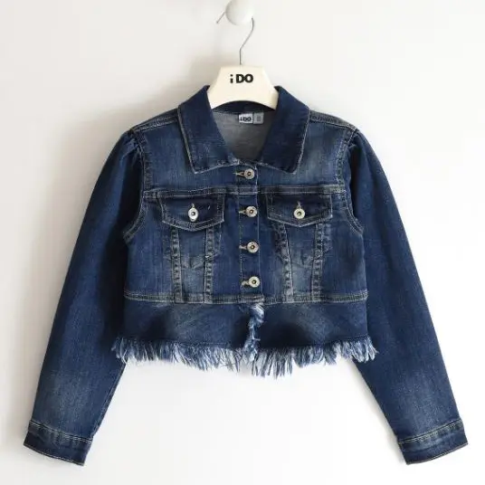 Giubbotto bambina in jeans sfilacciato con collo
