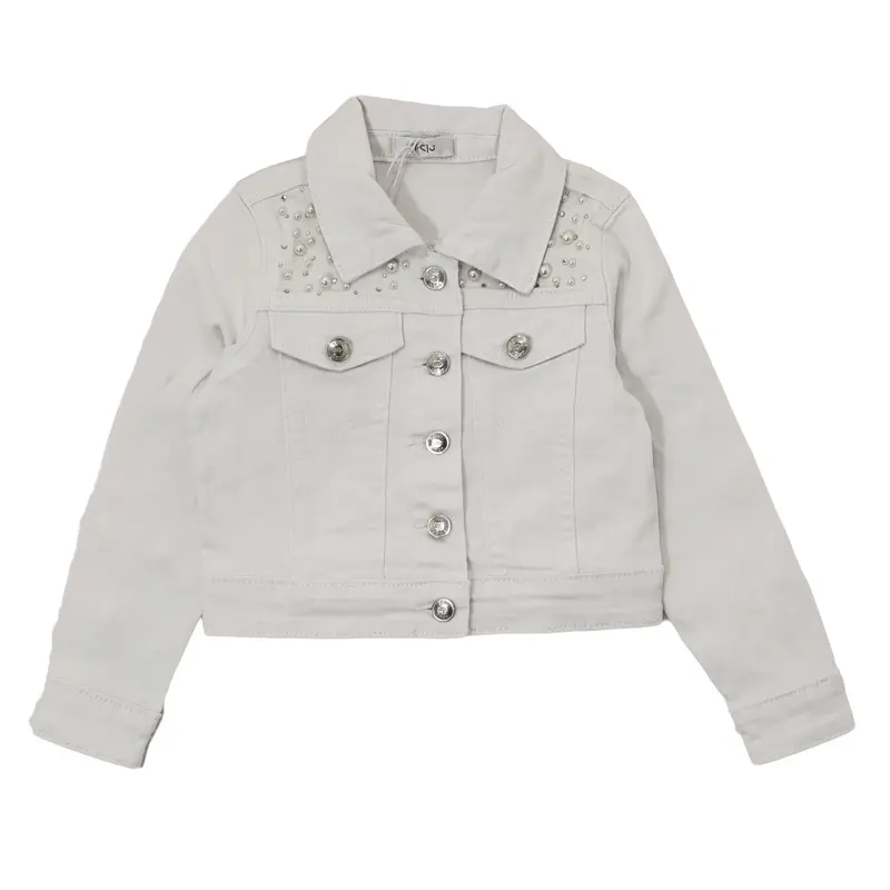 Giubbotto in jeans bianco bambina con perle e strass sul davanti