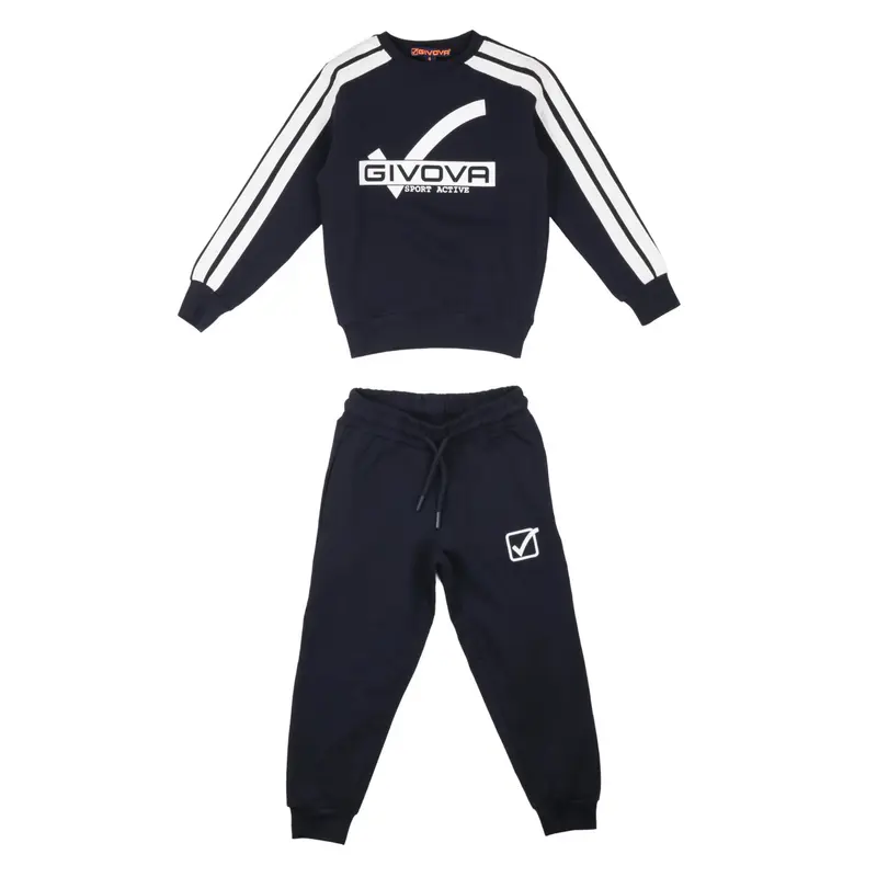 Givova - Tuta Bambina Blu Navy con Bande Bianco/Arancio - Completo Felpa Girocollo e Pantaloni Sportivi
