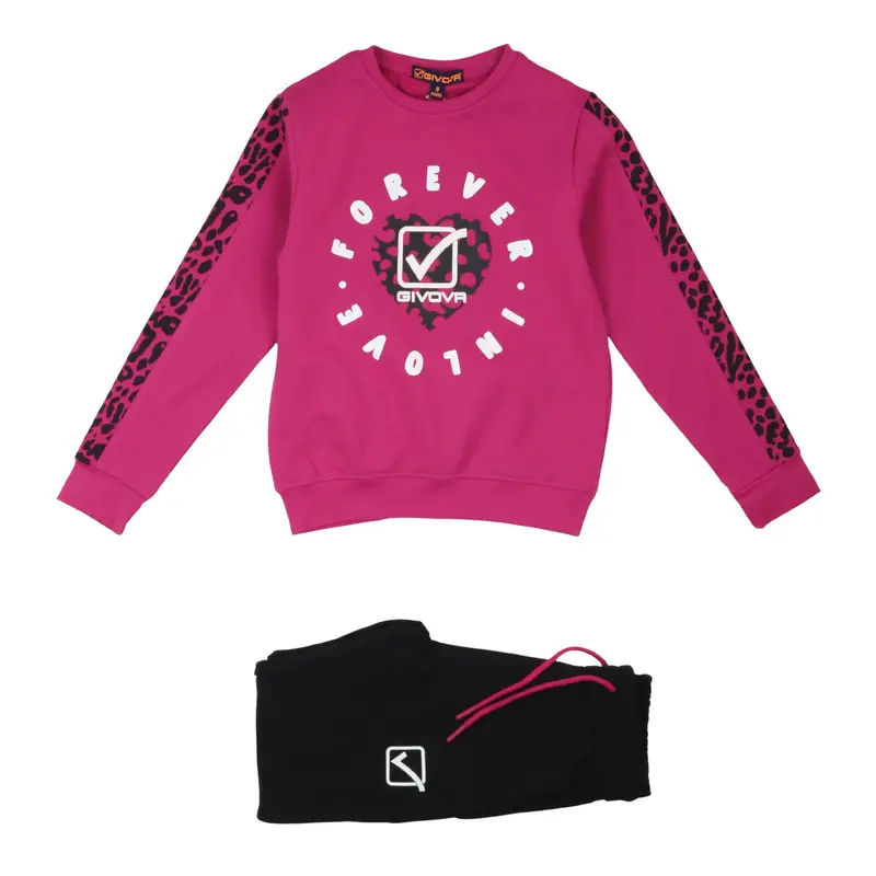Givova - Tuta Bambina e Ragazza Fucsia e Nero Leopardato - Completo Felpa Girocollo e Pantaloni Sportivi