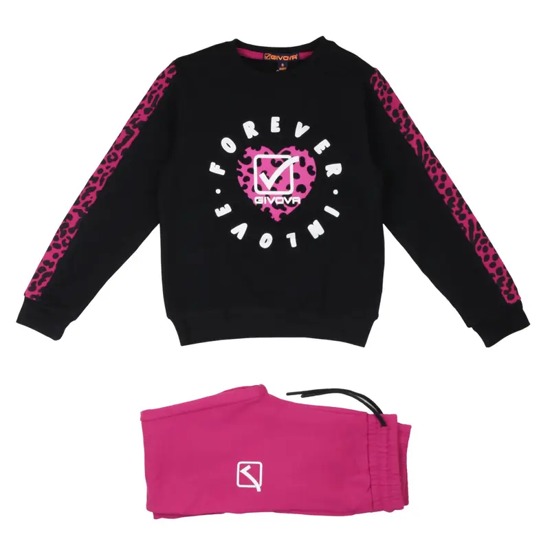Givova - Tuta Bambina e Ragazza Nero e Fucsia Leopardato - Completo Felpa Girocollo e Pantaloni Sportivi