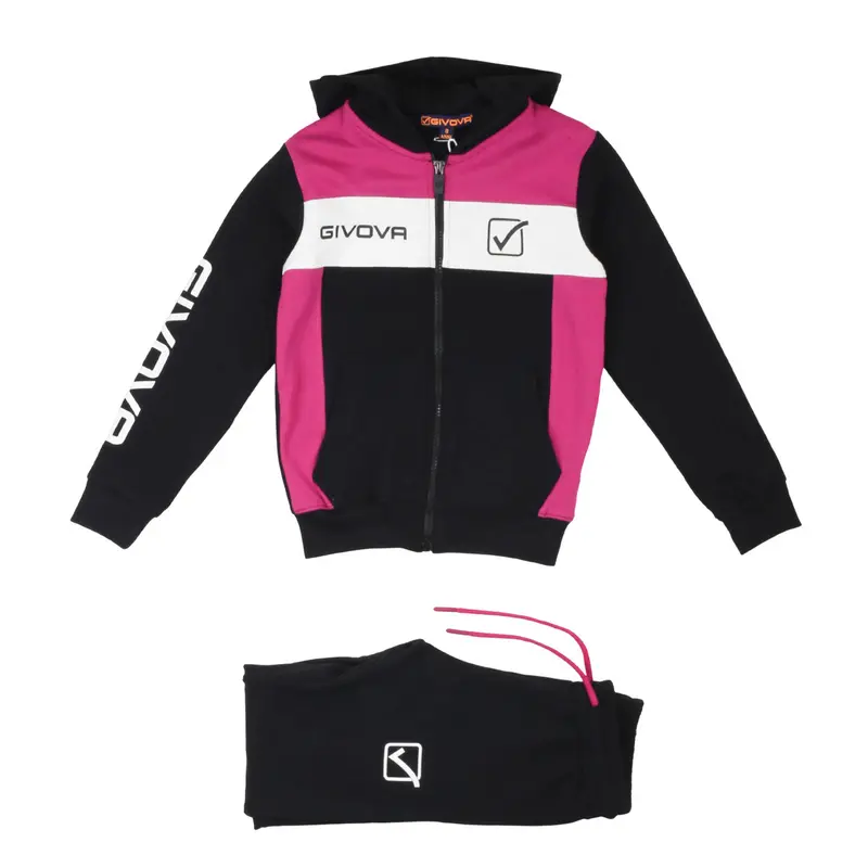 Givova - Tuta Bambina Nero e Fucsia con Zip e Cappuccio + Pantaloni Sportivi