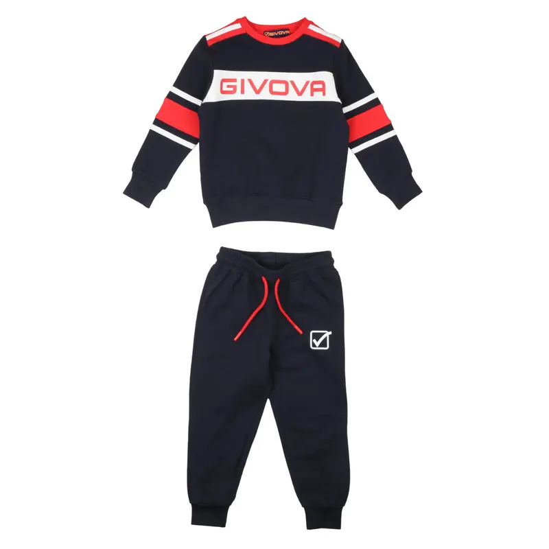Givova - Tuta Bambino Blu Navy con Fascia Rossa e Bianca - Completo Felpa Girocollo e Pantaloni Sportivi