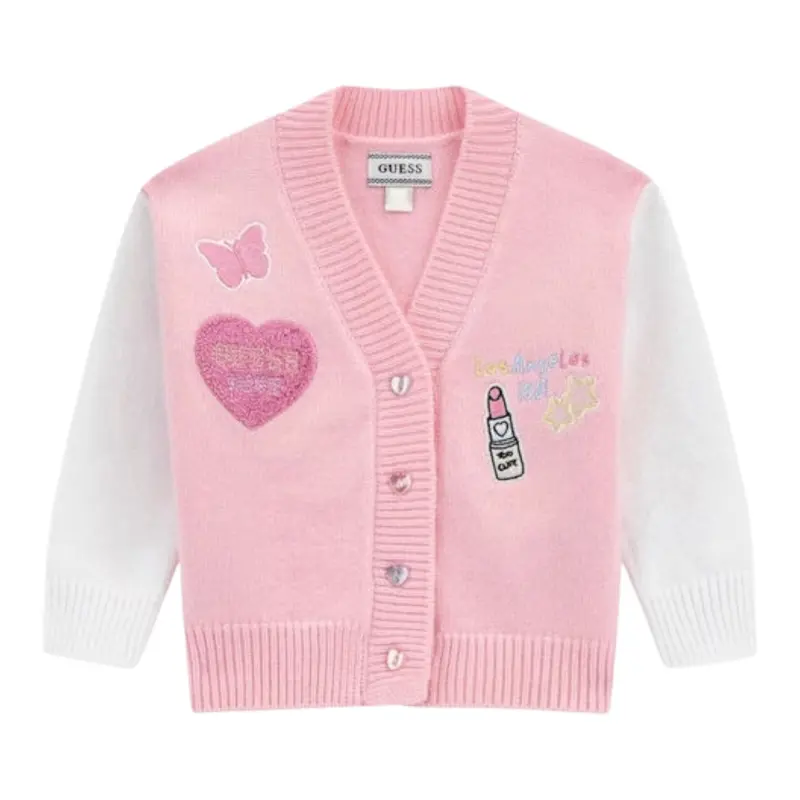Guess Cardigan Bicolore con Stampa Bianco/Rosa per Neonata