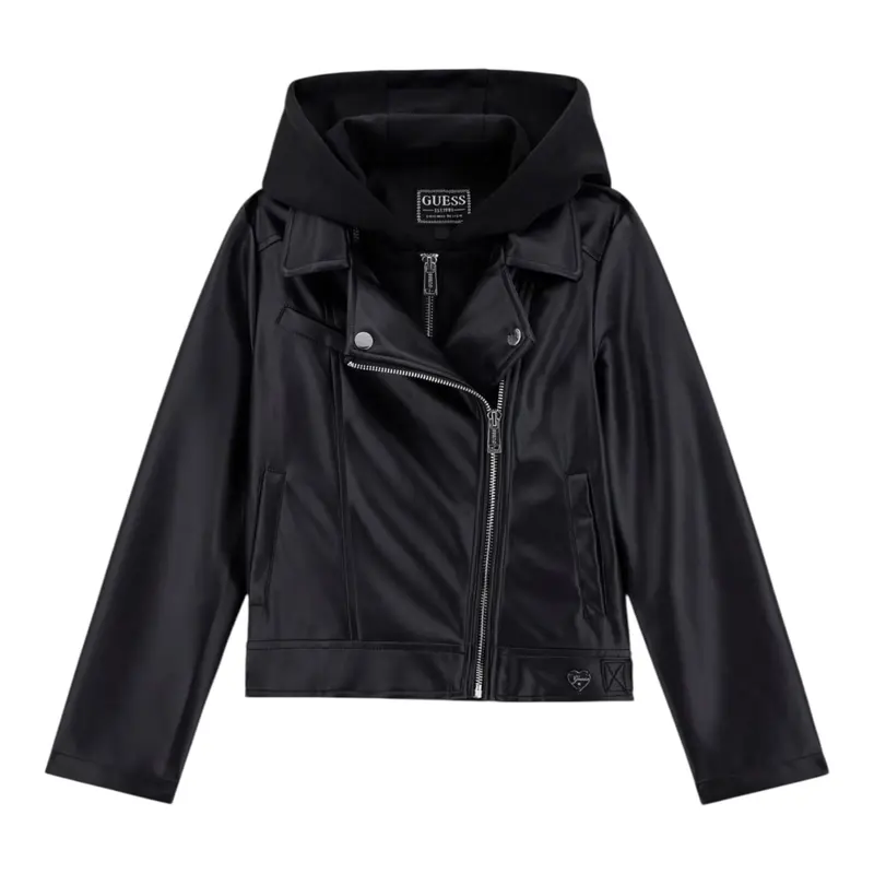 Guess Chiodo In Ecopelle tinta unita con Cappuccio Nero per Bambino