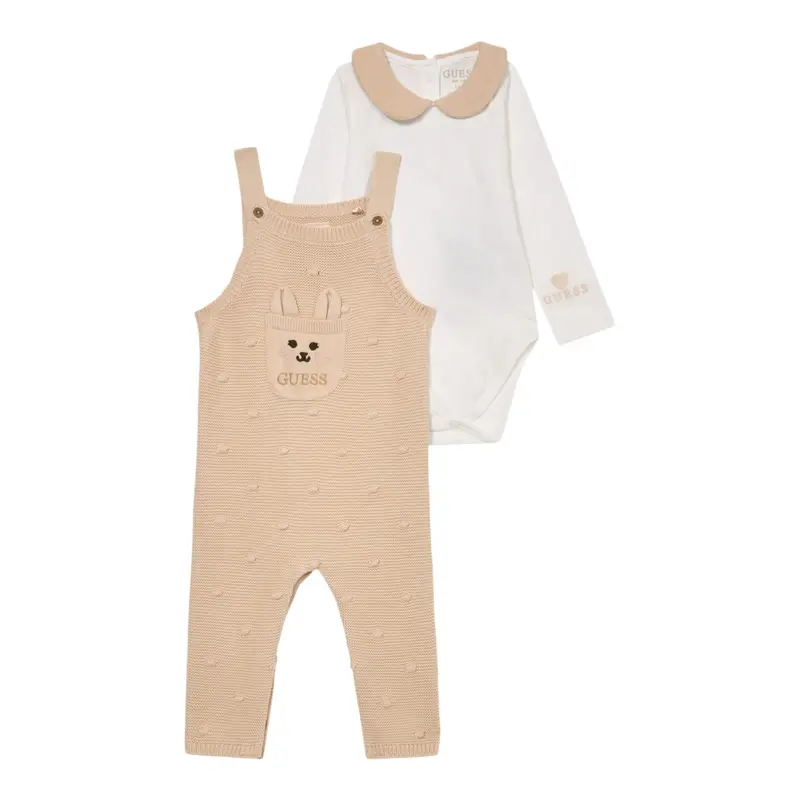 Guess Completo 2Pz Body-Salopette Bicolore Bianco/Beige per Neonato