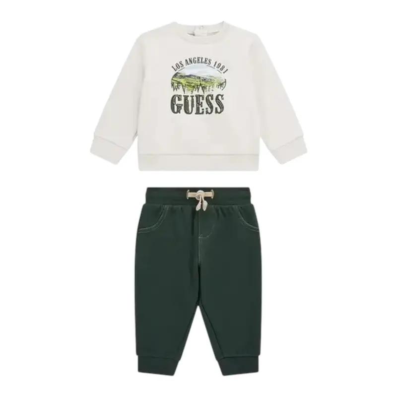Guess Completo 2Pz Felpa-Pantalone Bicolore Bianco/Verde per Neonato