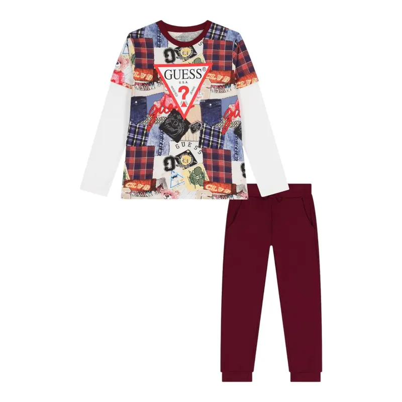 Guess Completo 2Pz Shirt-Pantalone Bordeaux per Bambino