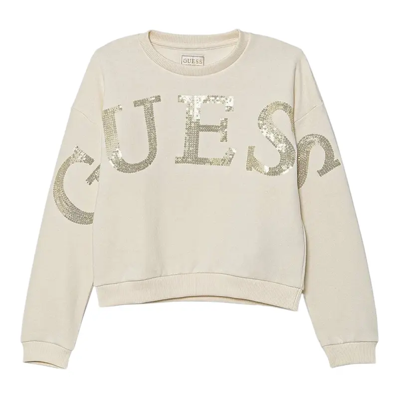 Guess Felpa Chiusa Girocollo tinta unita con Paillettes Panna per Bambina