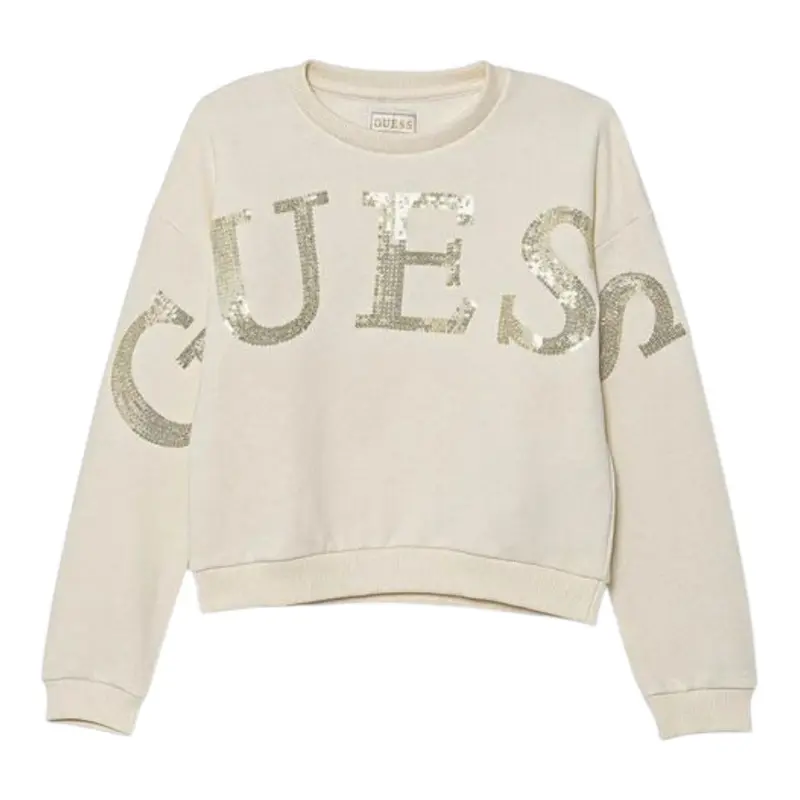 Guess Felpa Chiusa Girocollo tinta unita con Paillettes Panna per Neonata