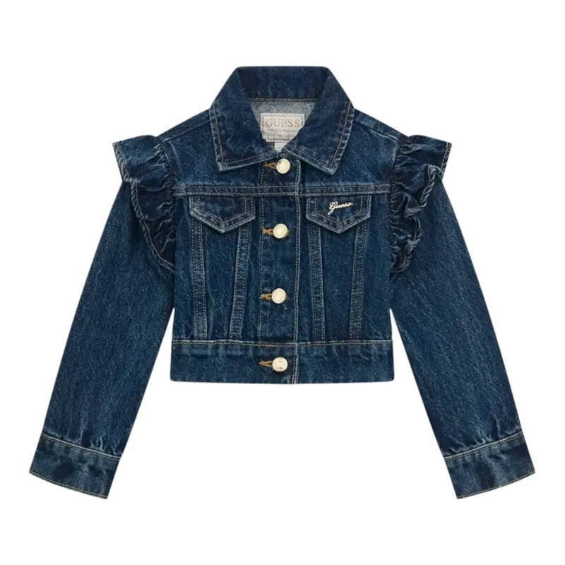 Guess Giubbino In Denim tinta unita con Brillantini Blu per Neonata