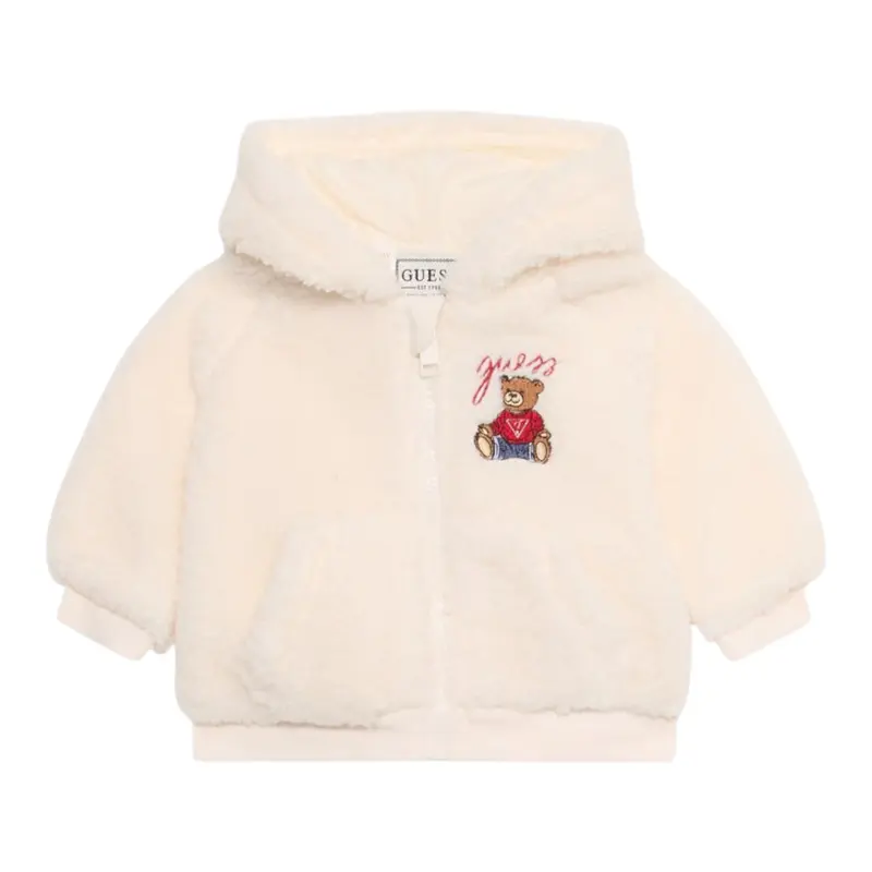 Guess Giubbino In Teddy tinta unita con Cappuccio E Zip Panna per Neonato