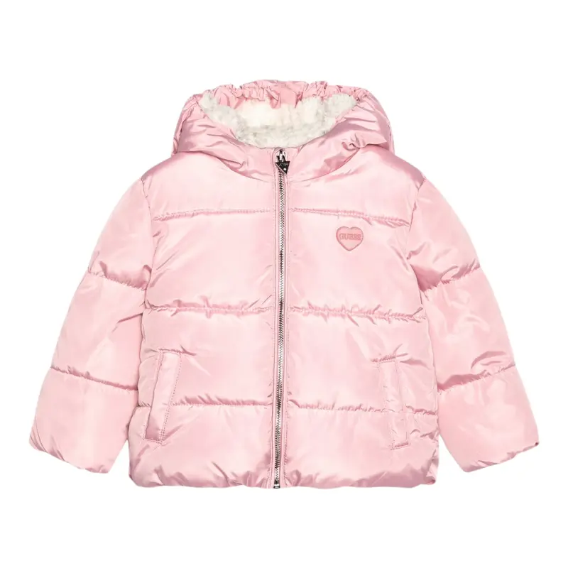 Guess Giubbino tinta unita con Zip Cappuccio E Pelliccia Rosa per Neonata