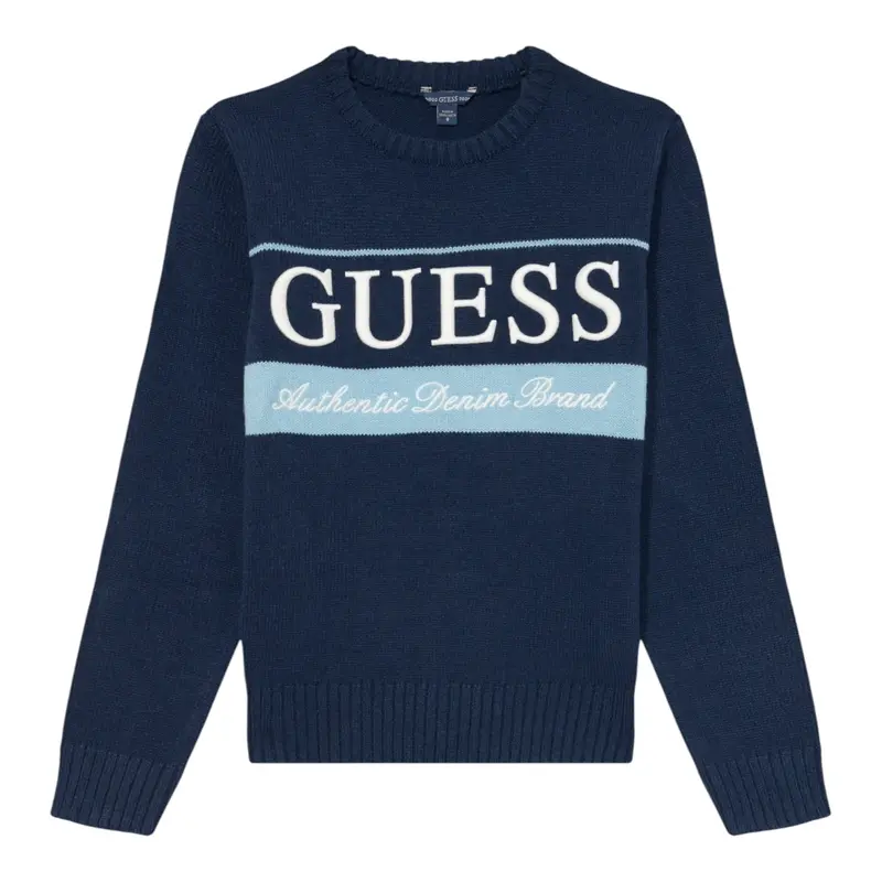 Guess Maglia Girocollo tinta unita con Logo Blu per Bambino