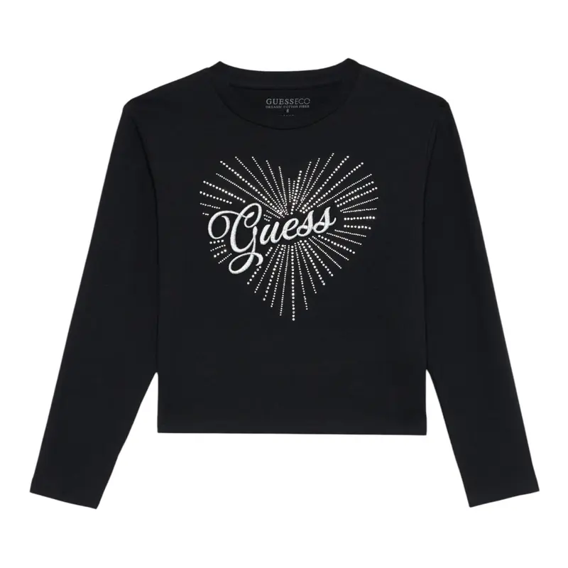 Guess Shirt Girocollo tinta unita con Brillantini Nero per Bambina