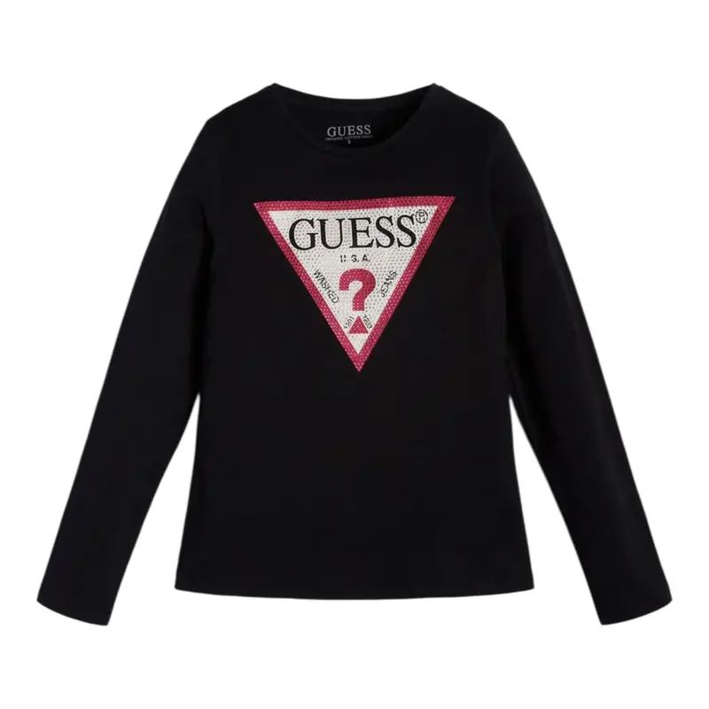 Guess Shirt Girocollo tinta unita con Brillantini Nero per Bambina