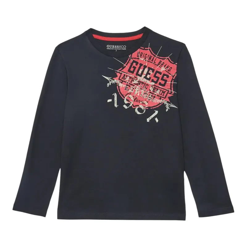 Guess Shirt Girocollo tinta unita con Stampa Nero per Bambino