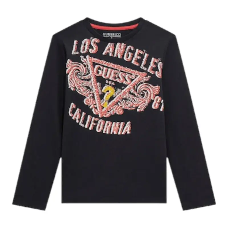 Guess Shirt Girocollo tinta unita con Stampa Nero per Bambino