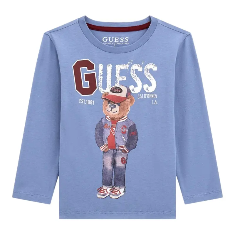 Guess Shirt tinta unita Girocollo con Stampa Azzurro per Bambino