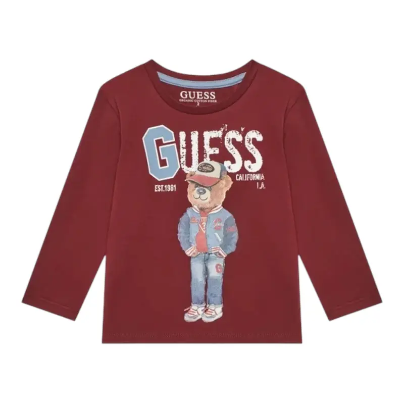 Guess Shirt tinta unita Girocollo con Stampa Bordeaux per Bambino