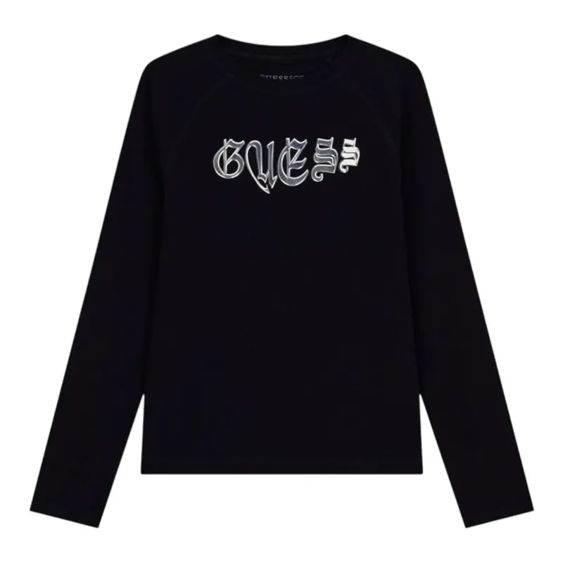 Guess Shirt tinta unita Girocollo con Stampa Nero per Bambina