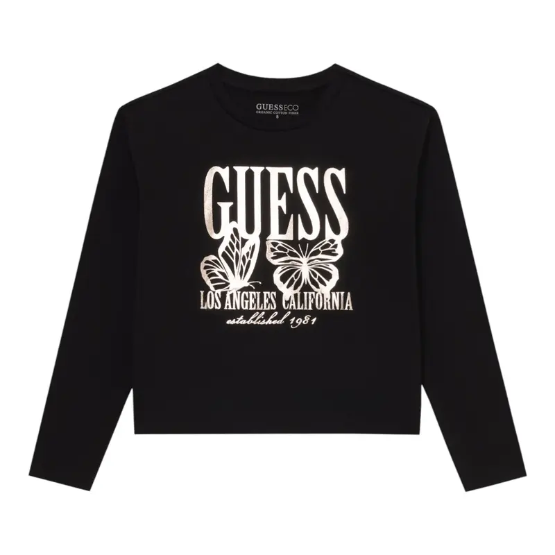 Guess Shirt tinta unita Girocollo con Stampa Nero per Bambina