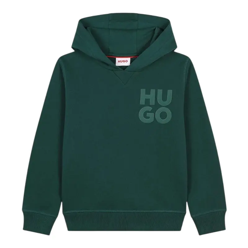 Hugo Felpa tinta unita con Cappuccio E Stampa Verde per Bambino