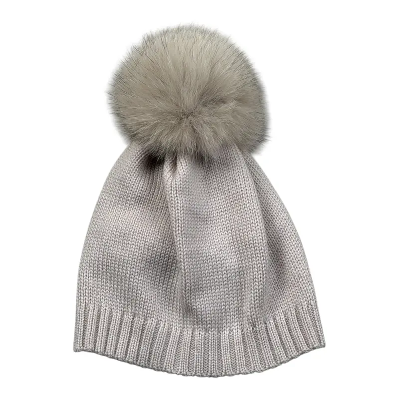 I Delfi Cappello tinta unita con Pon Pon Beige per Neonato