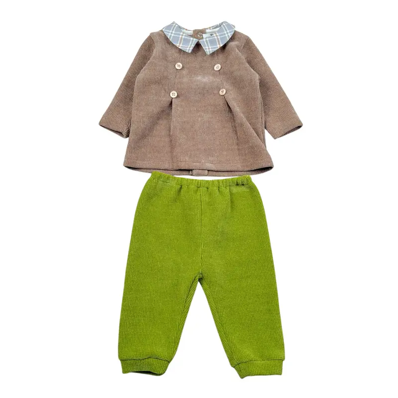 I Delfi Completo 2 Pz Pantalone-Maglia Bicolore Marrone/Verde per Neonato