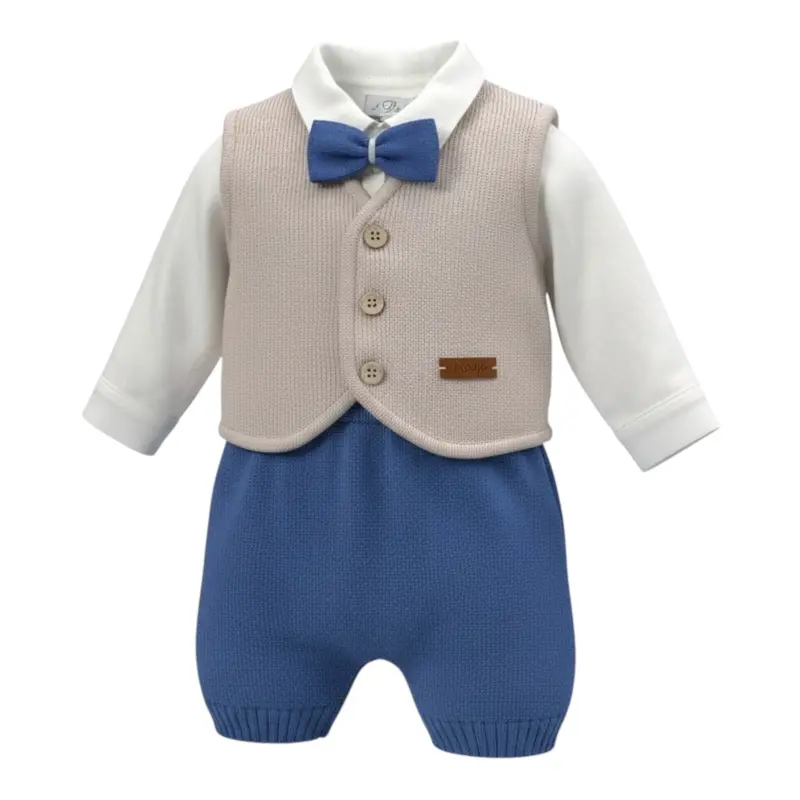 I Delfi Completo 4Pz Papillon-Camicia-Gilet-Salopette Beige per Neonato
