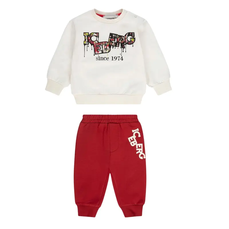 Iceberg Completo 2Pz Felpa-Pantalone con Stampa Panna/Rosso per Neonato