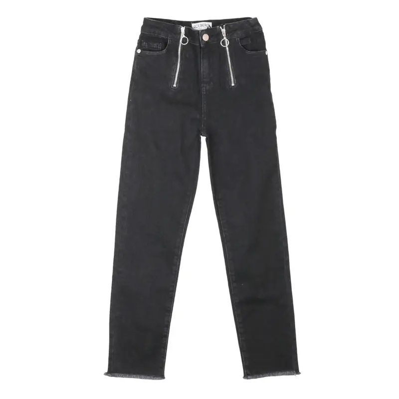 Iceberg Jeans Bambina e Ragazza Nero in Denim Elasticizzato con Zip Metalliche e Fondo Sfilacciato