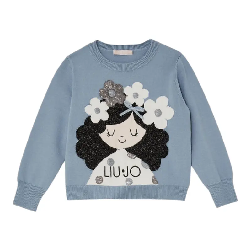 Iceberg Maglia Girocollo tinta unita con Ricami Azzurro per Bambina
