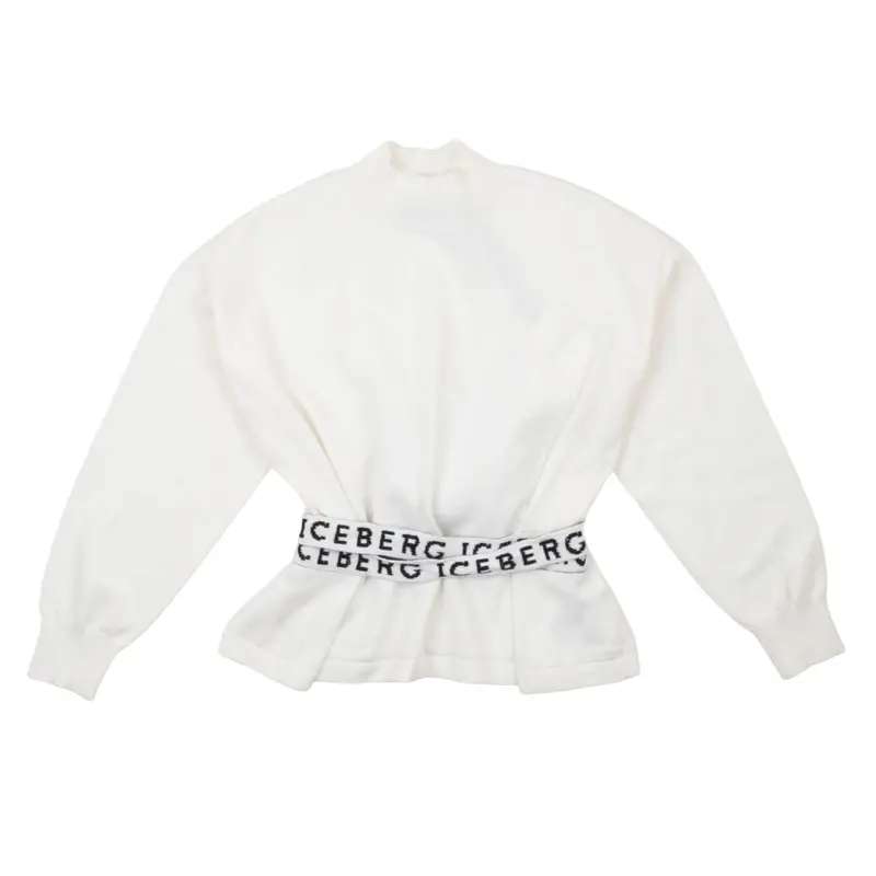 Iceberg Maglione Bambina e Ragazza Bianco Latte in Misto Cotone e Lana con Nastro Logo in Vita