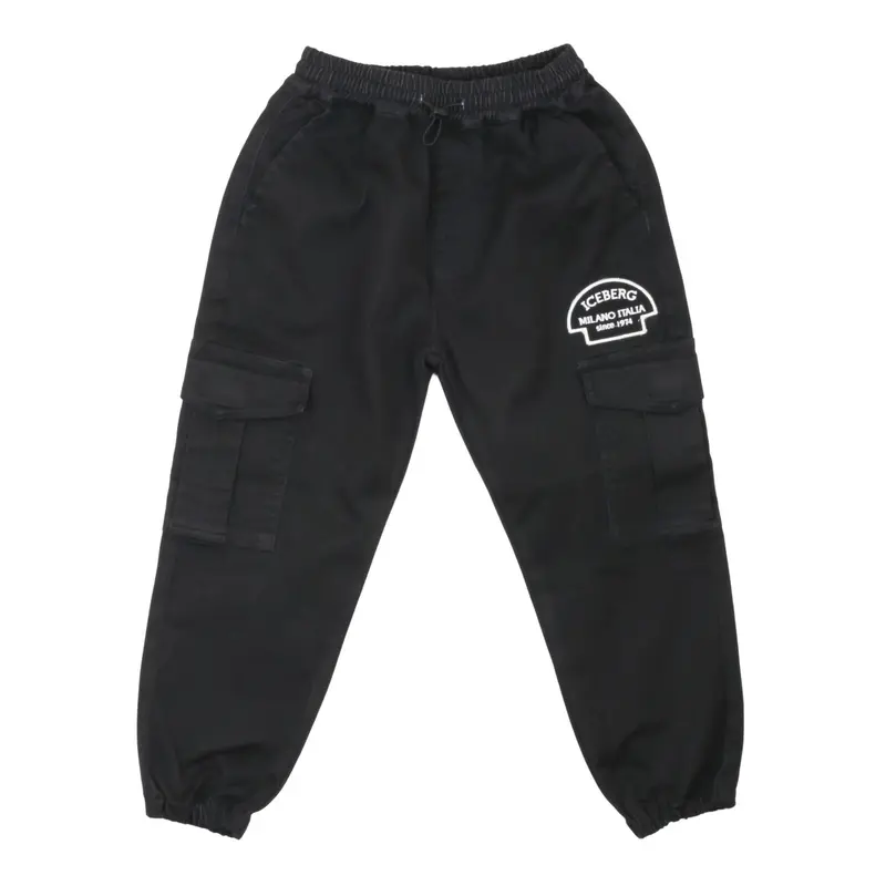 Iceberg Pantaloni Cargo Ragazzo e Bambino Nero in Cotone Elasticizzato con Tasconi e Logo