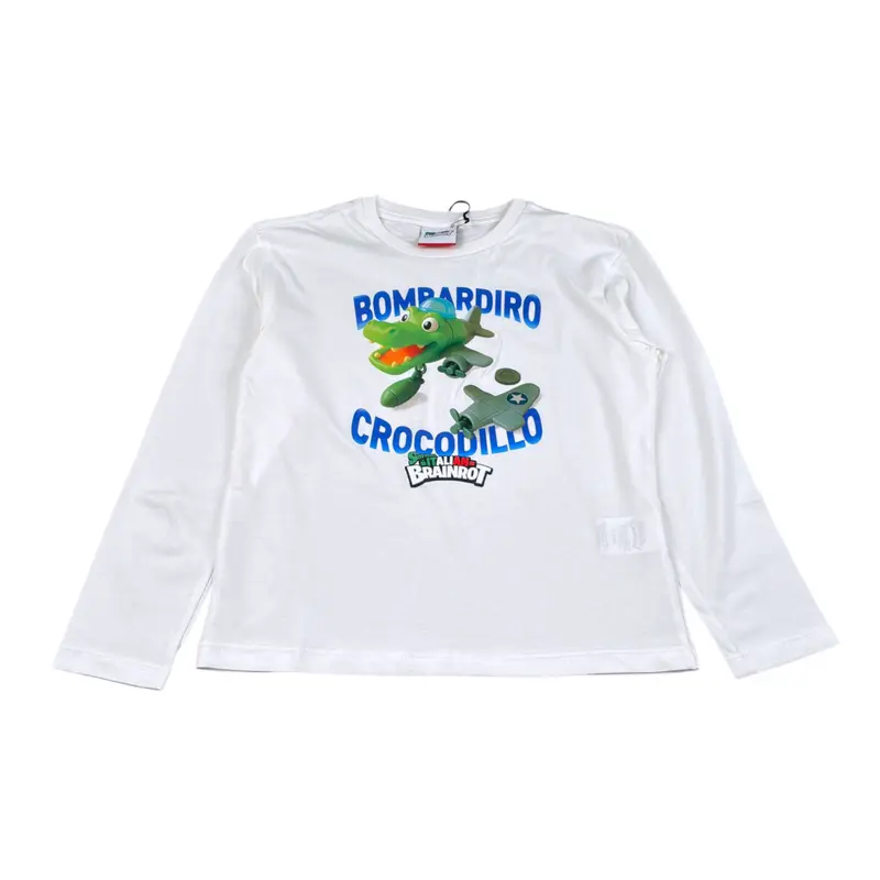 Italian Brainrot Shirt tinta unita Girocollo con Stampa Bianco per Bambino