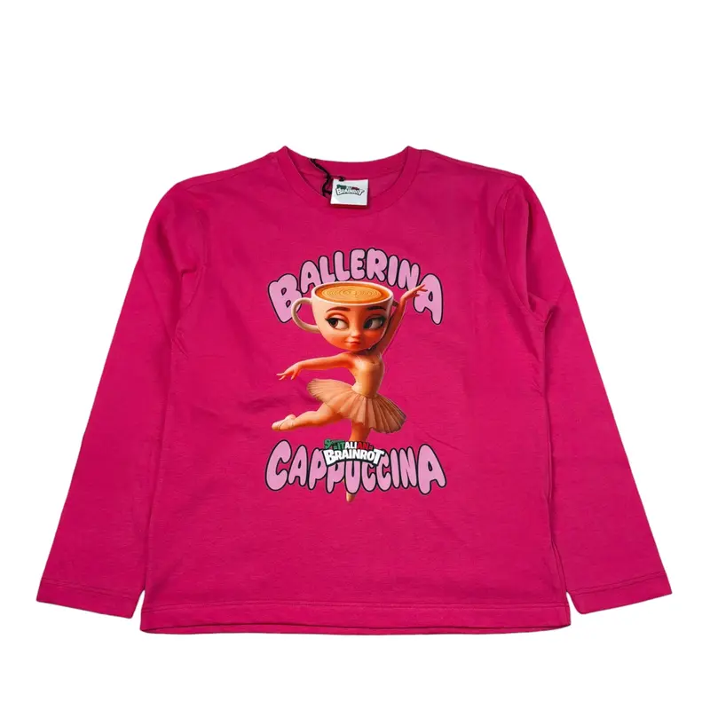 Italian Brainrot Shirt tinta unita Girocollo con Stampa Fuxia per Bambina