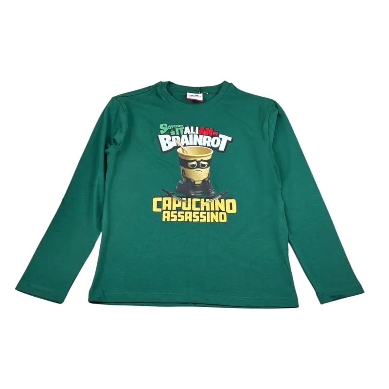 Italian Brainrot Shirt tinta unita Girocollo con Stampa Verde per Bambino