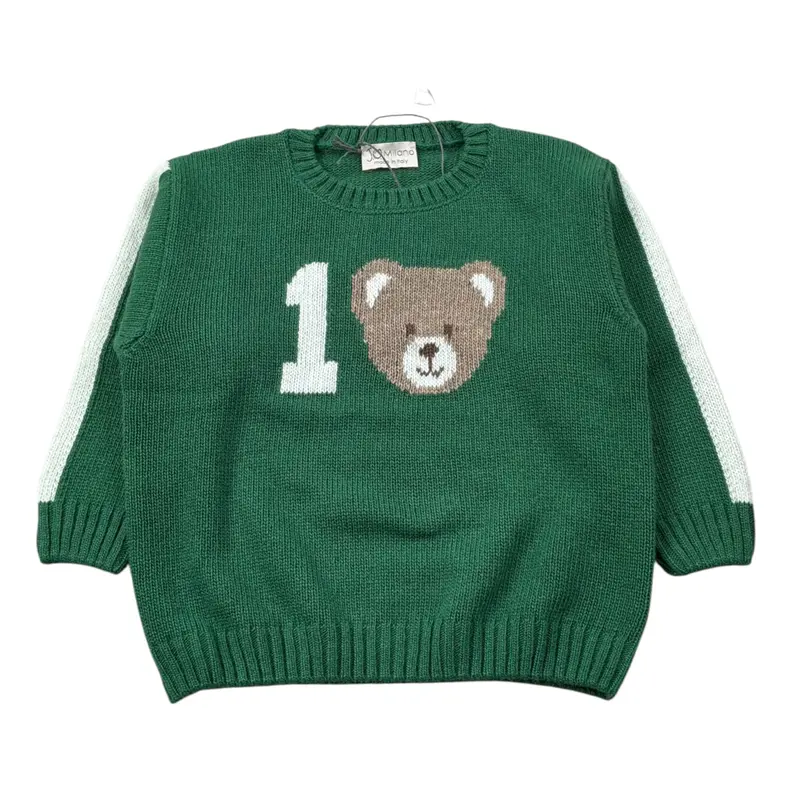 J.O. Milano Maglia Girocollo tinta unita con Ricamo Orso Verde per Bambino