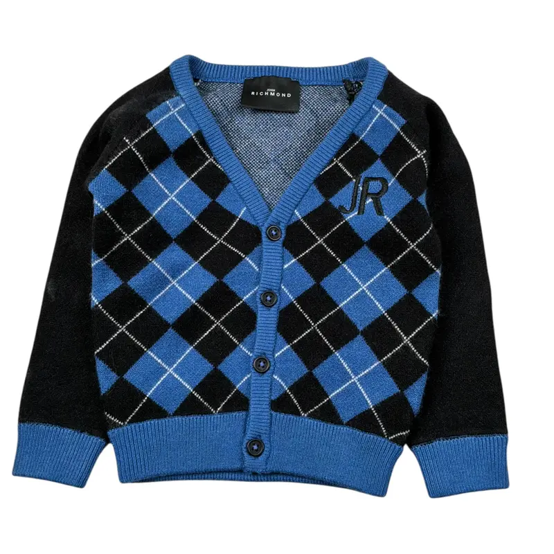 John Richmond Cardigan Bicolore con Fantasia A Quadri Blu per Neonato