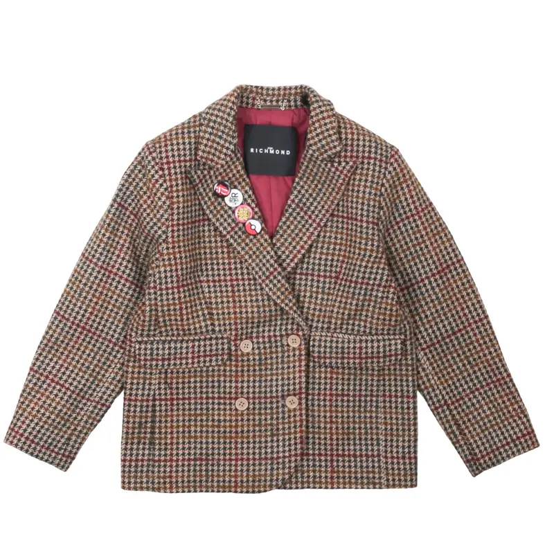 John Richmond Giacca Cappotto Bambina Tartan "Baptiste" in Misto Lana con Spille e Logo