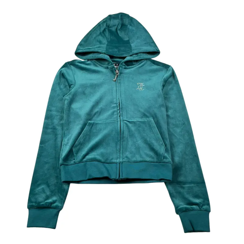 Juicy Couture Felpa con Zip E Cappuccio tinta unita In Velluto Verde per Bambina