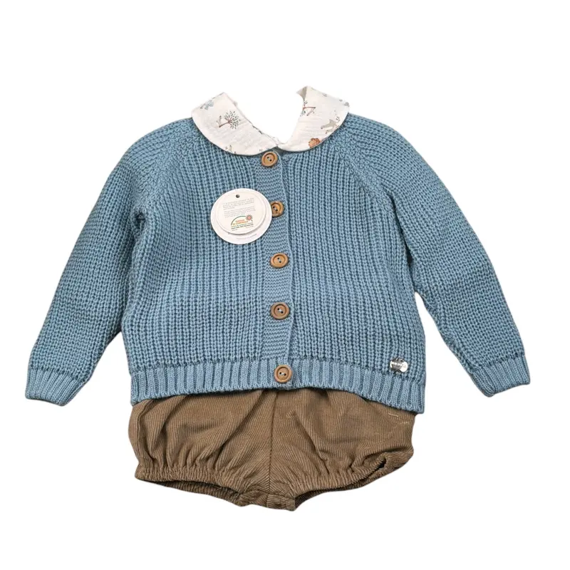 Juliana Completo 3 Pezzi Cardigan-Camicia-Culotte Azzurro per Neonato
