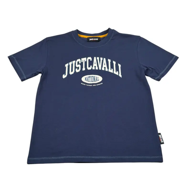Just Cavalli T-Shirt Girocollo Tinta Unit con Stampa Blu per Bambino