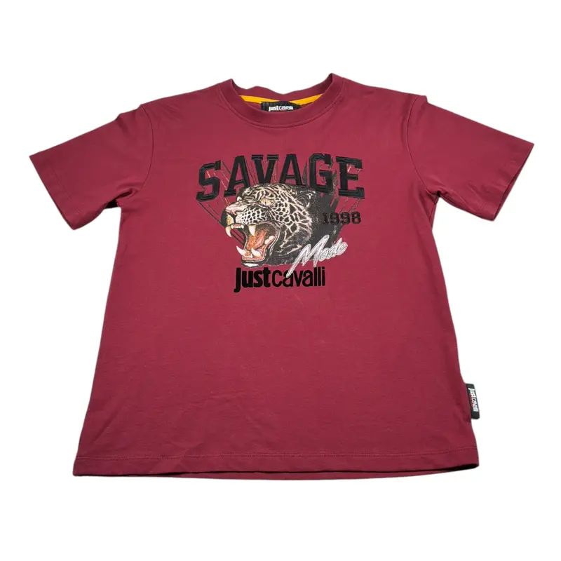 Just Cavalli T-Shirt Girocollo tinta unita con Ricami Bordeaux per Bambino